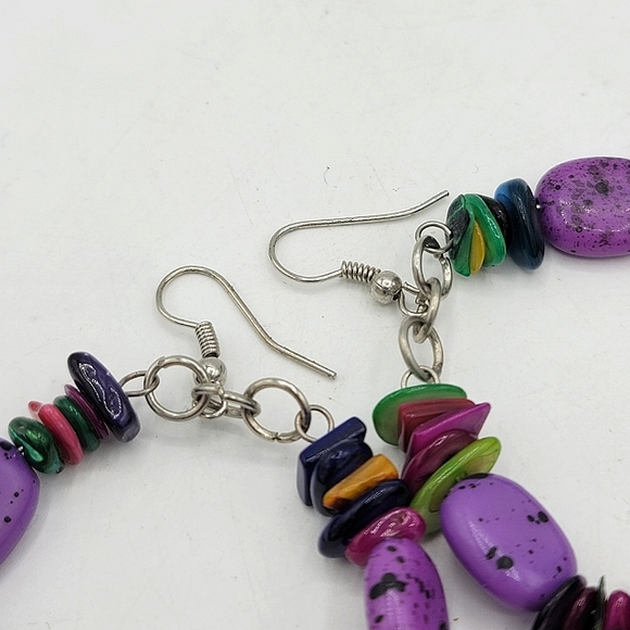 Beaded Multicolor French Hook Dangle Hoop Earrings Boho 90s Vintage - Picture 5 of 7